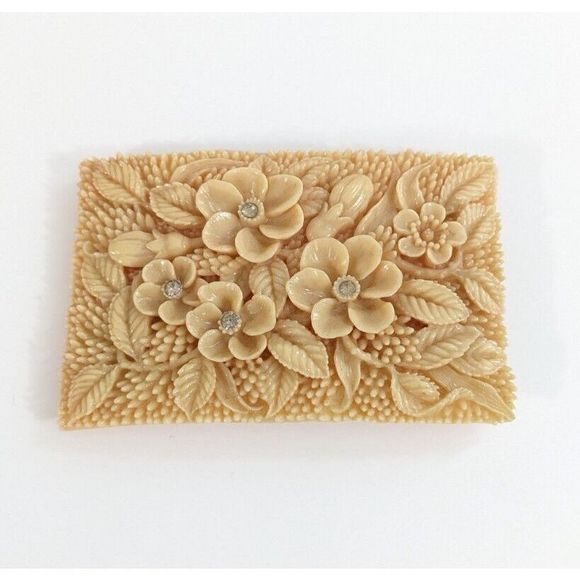 Floral Rectangle Early molded Plastic  Vintage Belt Buckle Rhinestone flowers - Picture 1 of 11